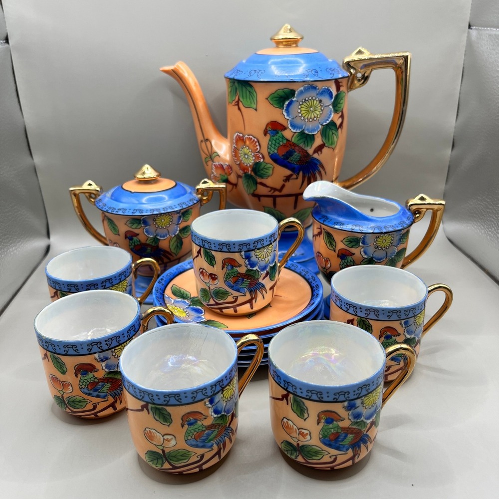 Vtg Japanese Tea Set Hand Painted Bird of Paradise 17 Pc Set Hotta Yu Shoten